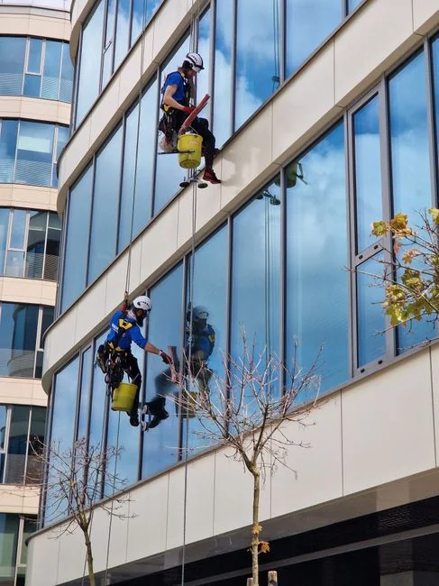 Un homme nettoyant les vitres d’un gratte-ciel avec un harnais, illustrant le travail en hauteur en milieu urbain.